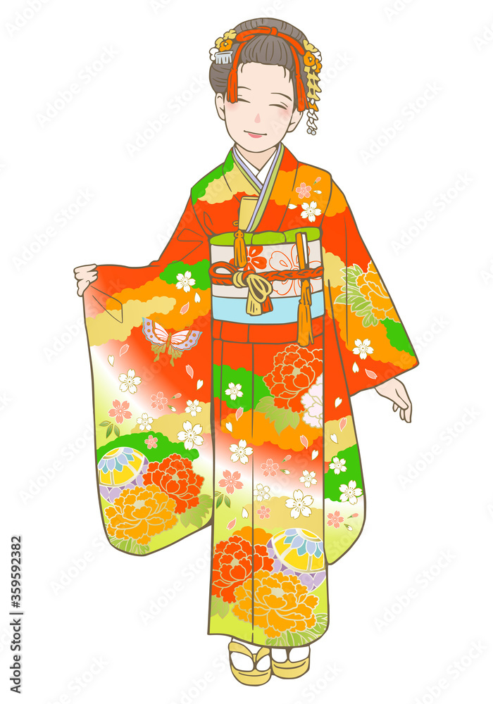 七五三着物ベクターイラスト（7歳女児）