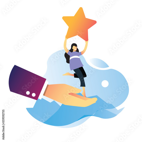 Vector Illustration user experience feedback concept. Cartoon Women Customer giving star rating. Review scroll on white background. Woman are giving a five star rating, positive feedback. Flat co