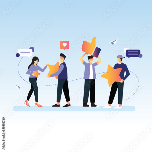 Different people give feedback ratings and review Characters hold stars and thumb up above their heads Evaluation of customer reviews Five star rating. evaluating a product service Vector illustration