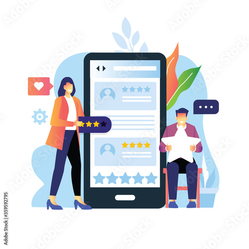 Vector isolated illustration of man and girl characters with smartphone giving stars, feedback and rating on website. Online review concept. Flat illustration on white background