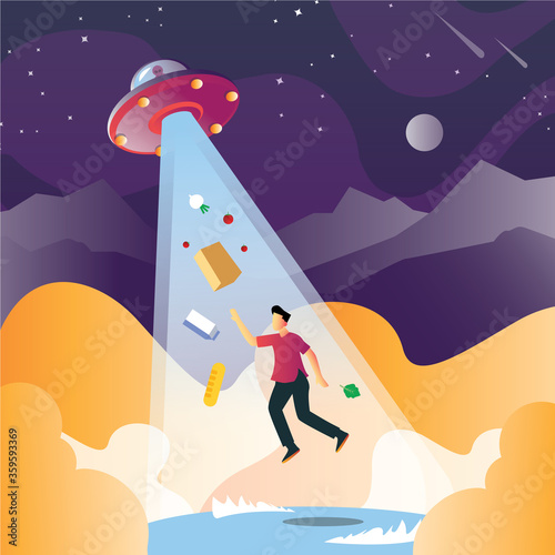 Man abduction by UFO colorful poster with alien spaceship kidnaps human in flat style World UFO Day. July 2. Holiday concept. vector illustration