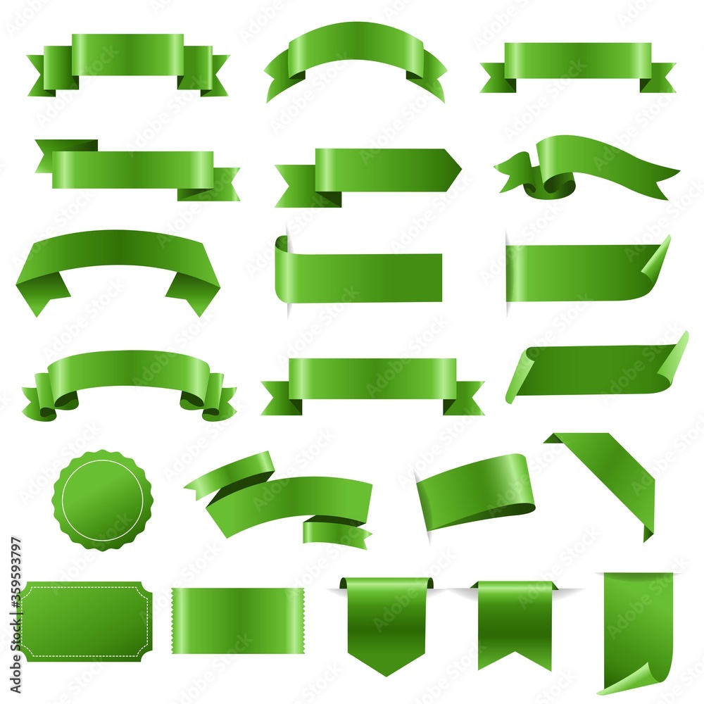 Green Labels And Ribbon Set White background, Vector Illustration