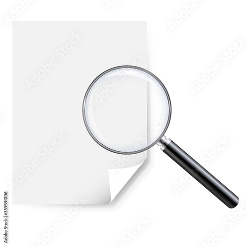 Magnifier And Blank Note Paper Isolated White Background With Gradient Mesh, Vector Illustration