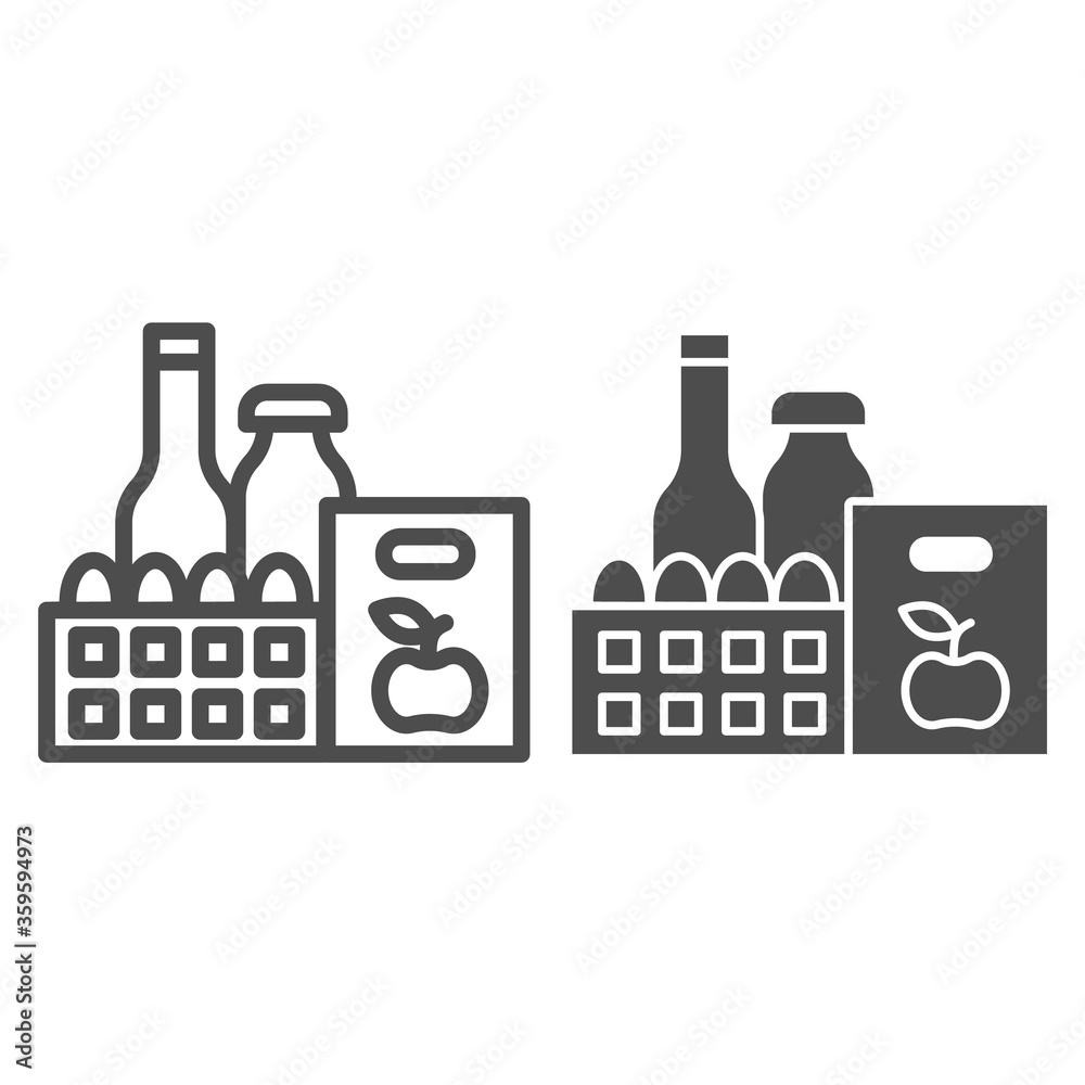 Φωτογραφία Products line and solid icon, grocery shopping concept, purchasing products sign on white background, supermarket bottles, eggs and fruits icon in outline style for mobile and web