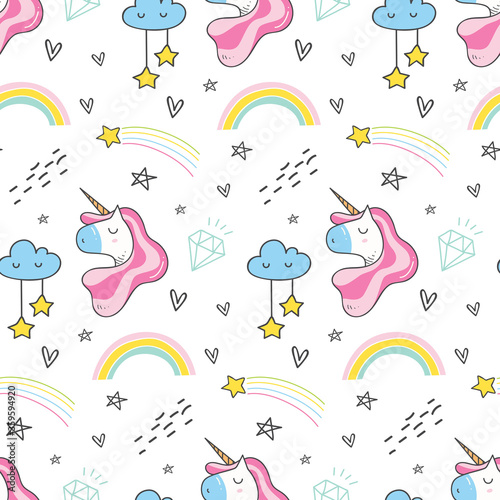 Unicorn and rainbow seamless background in kawaii style vector