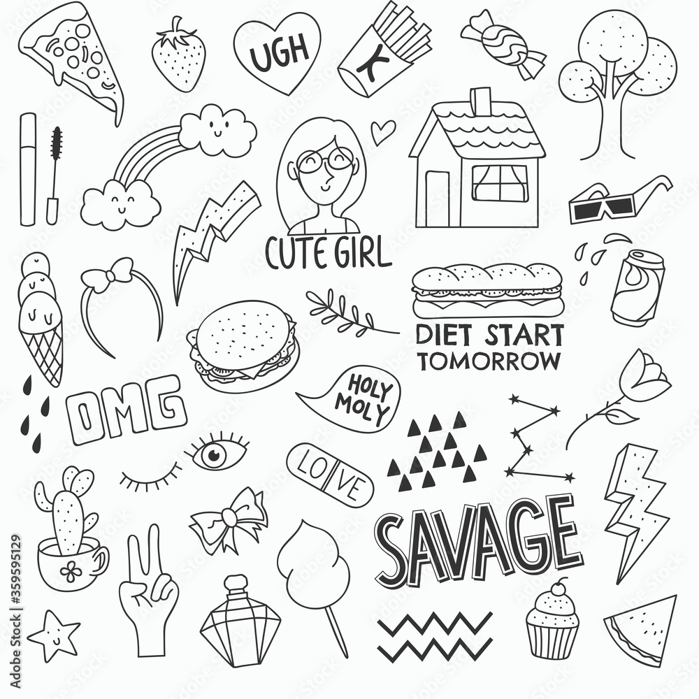 Various cute object in doodle style illustration
