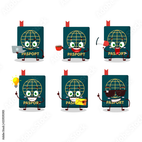 Passport cartoon character with various types of business emoticons