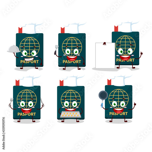 Cartoon character of passport with various chef emoticons