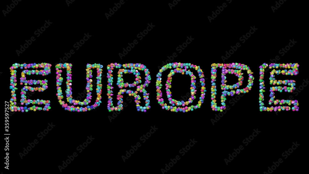 Obraz premium EUROPE: 3D illustration of the text made of small objects over a black background with shadows