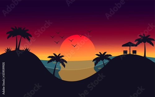 summer sea flat illustration with silhouette sunset background 1