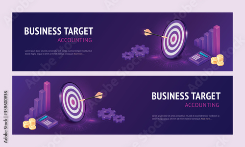 Business target accounting isometric landing page. Dart boards with arrows in bullseye, calculator and column chart. Goals achievement, success and competitors victory 3d vector axonometric web banner