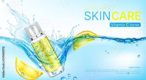Vitamin toner ad banner, cosmetics bottle floating in fresh water with lemon citrus slices. Beauty cosmetic product pump tube, makeup remover promo poster template. Realistic 3d vector illustration