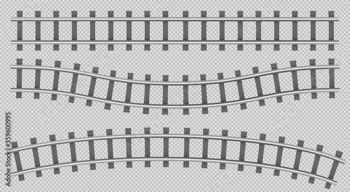 Train rails top view, railway track, straight, curve and wavy path, steel sleepers for metro, logistics transportation construction isolated on transparent background. Realistic 3d vector illustration