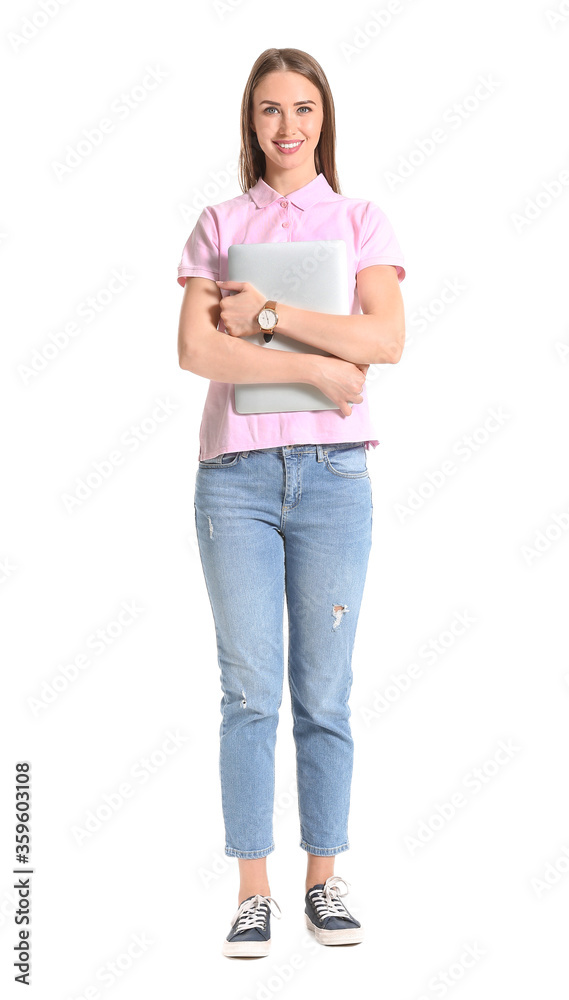 Beautiful young woman in stylish polo shirt and with laptop on white background Beautiful young woman in stylish polo shirt and with laptop on white background