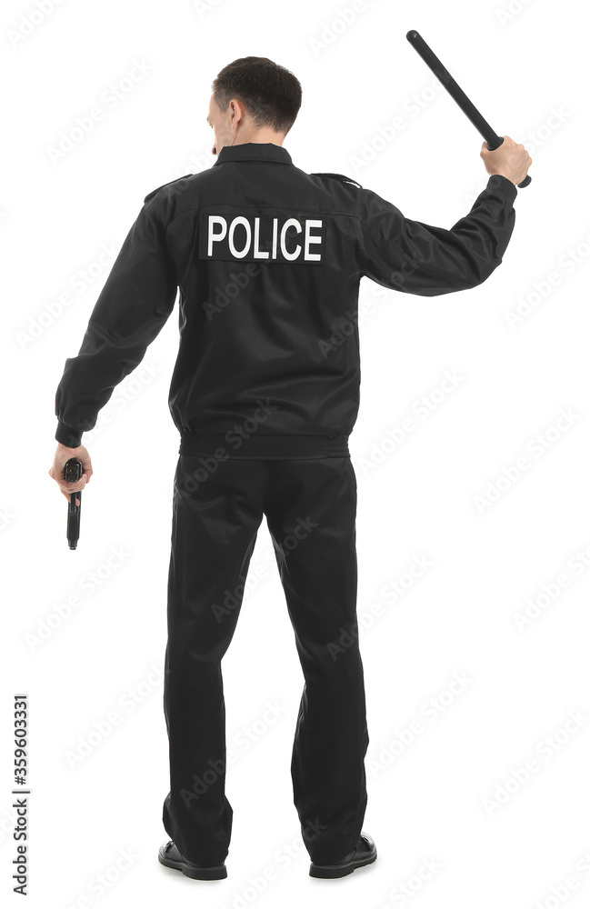 Aggressive police officer with gun and baton on white background, back view Aggressive police officer with gun and baton on white background, back view