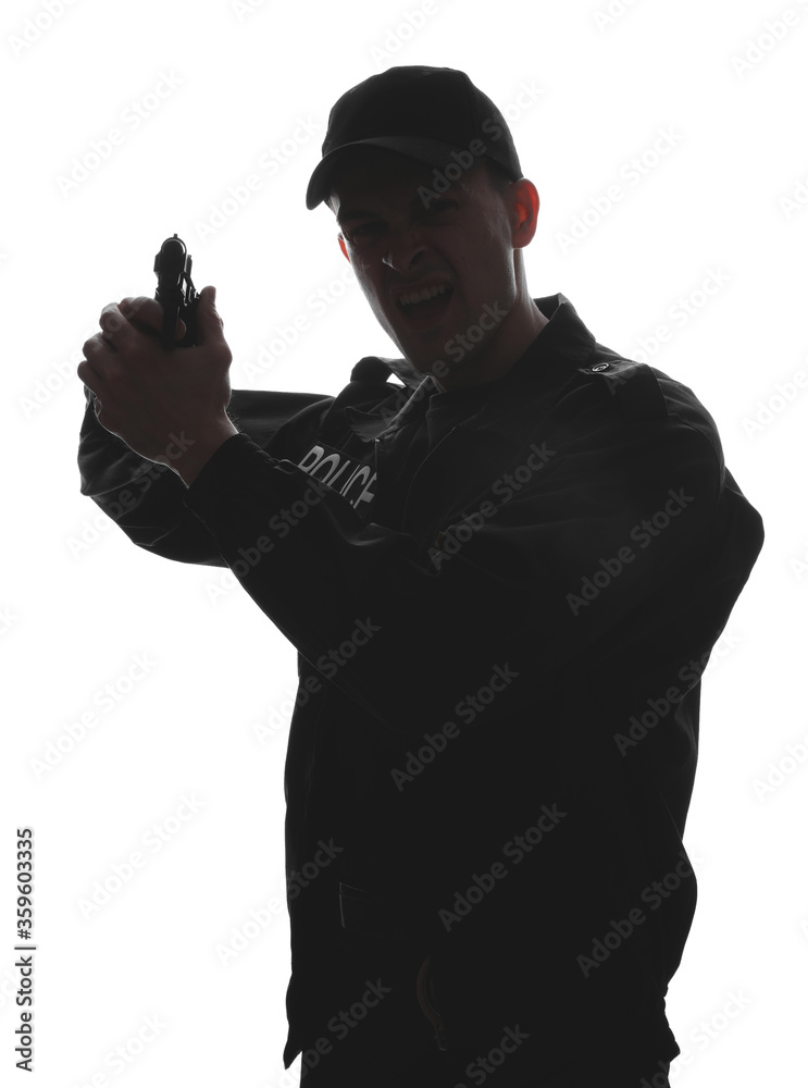 Silhouette of aggressive police officer with gun on white background Silhouette of aggressive police officer with gun on white background