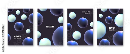 Future cover set. 3d round shapes composition. Dark and light dynamic flowing spheres
