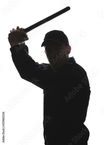 Silhouette of aggressive police officer with baton on white background