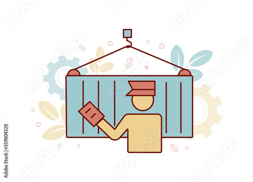 Finance illustration. Brokerage services. Customs Broker. Illustration of a silhouette of a man in the form of a customs broker with a document in hand near a cargo container on a hook