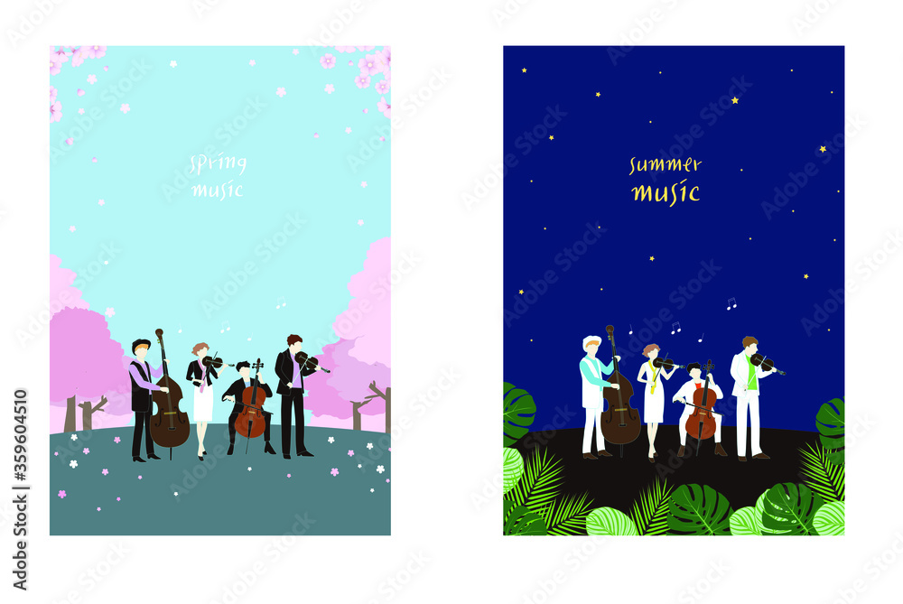 봄과 여름의 음악회, 현악기와 연주자, 벡터 일러스트레이션 vector de Stock | Adobe Stock