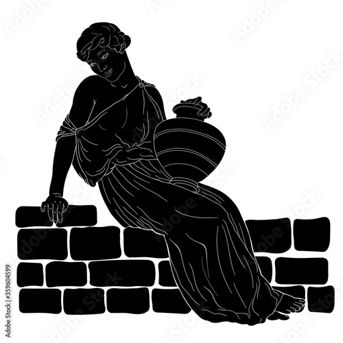 A young ancient Greek woman sits on a stone parapet and holds a jug of wine in her hand.