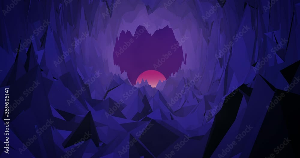 Low Poly anime style cave tunnel animation with fog and realistic movement into the unknown. Neon retro 80s evolving surface tunnel 3D abstract animated background in 4K