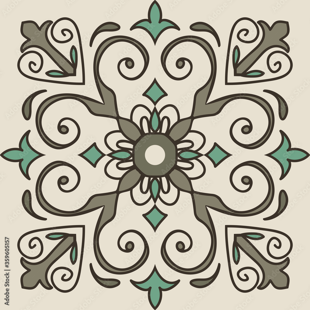 Seamless Azulejo tile in brown, green and gray colors. Portuguese and Spain decor. Islam, Arabic, Indian, Ottoman motif. Vector Hand drawn pattern
