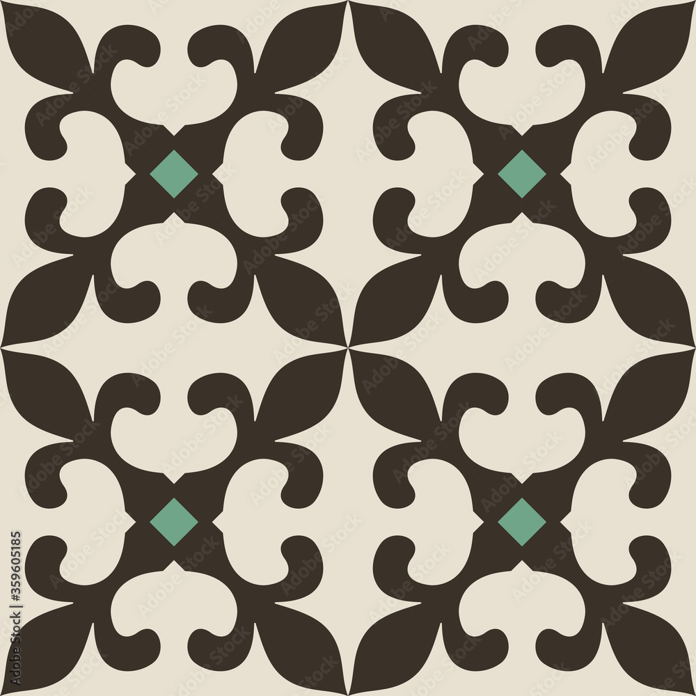 Seamless Azulejo tile in brown, green and gray colors. Portuguese and Spain decor. Islam, Arabic, Indian, Ottoman motif. Vector Hand drawn pattern