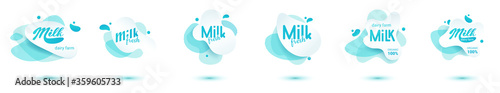 Milk badge and dairy labels with splashes and bolts. Milk badge with drop and splash for labels of package. Liquid amoeba shapes.