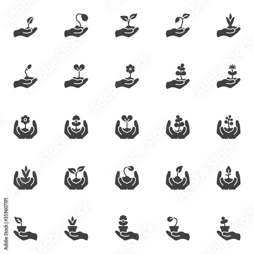 Hands with plants vector icons set, modern solid symbol collection, filled style pictogram pack. Signs, logo illustration. Set includes icons as hand holding sprout, growing plant in soil, flower pot