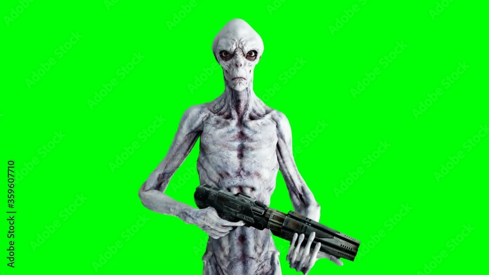 Alien walking with gun. Realistic motion and skin shaders. 4K green screen footage. Alien walking with gun. Realistic motion and skin shaders. 4K green screen footage.