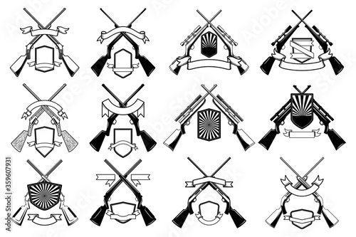 Set of hunting emblems with hunting guns and rifles. Design element for logo, emblem, sign, poster, card, banner. Vector illustration