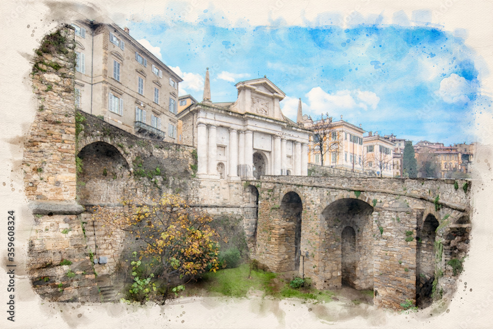 Bridge and the gate Porta San Giacomo in Bergamo, Italy on the Venetian Walls (Mure Venete) in the Upper Town (Citta Alta) in the old city. Watercolor style illustration