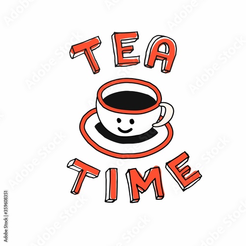 tea time. Red inscription with a mug.
