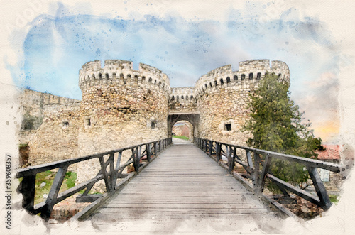 The entrance gate of Kalemegdan Fortress in Belgrade, Serbia, ancient Singidunum. Watercolor style illustration