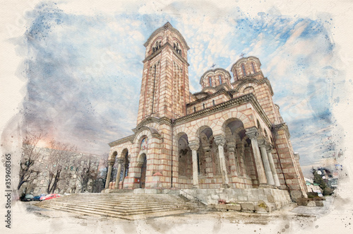 Crkva Svetog Marka (Saint Mark's Church) in Belgrade, Serbia. Serbian Orthodox church located in the Tasmajdan park. Watercolor style illustration