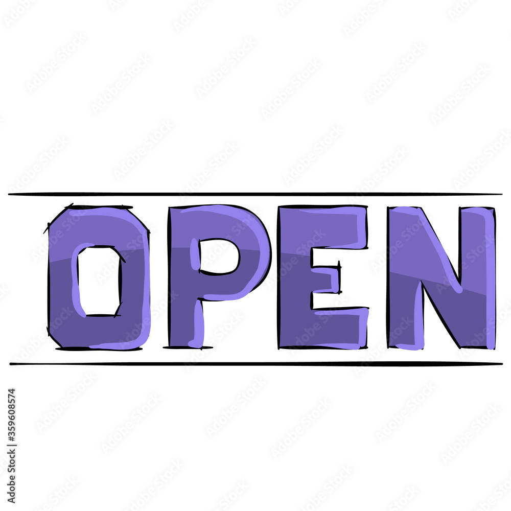 the word is open written in blue, typography, cartoon illustration, isolated object on a white background, vector illustration, the word is open written in blue, typography, cartoon illustration, isolated object on a white background, vector illustration,