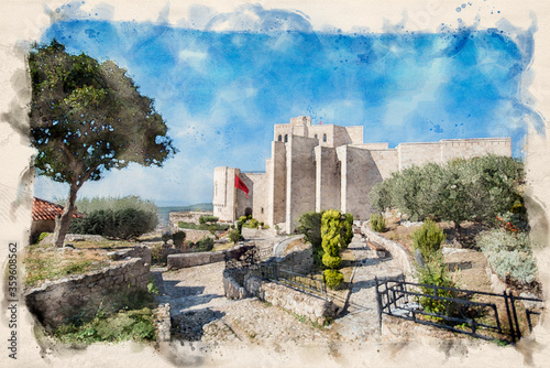 The Skanderbeg Museum in Kruje, Albania. The building of George Castriot ( Skanderbeg ) - national albanian hero. Kruje ( Kruja ) Castle and fortress. Watercolor style illustration photo