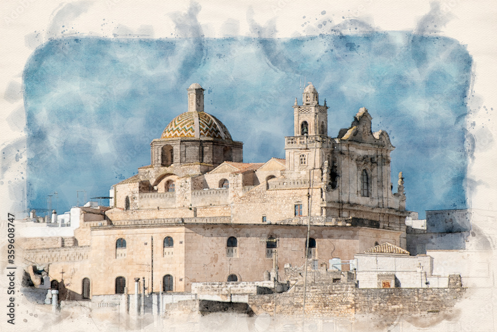 Ostuni, Puglia, Brindisi, Italy. old town and Roman Catholic cathedral and church. The white city in Apulia . Watercolor style illustration