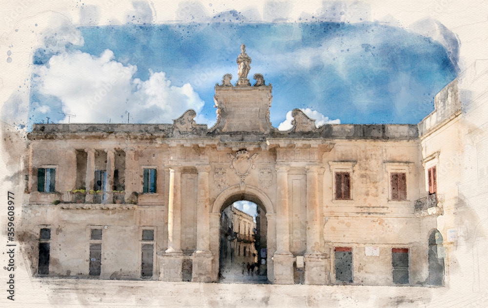 Lecce, Puglia, Italy. Porta San Biagio gate in Piazza di Italia square. One of the three historic gates to enter the historical center of the city. Watercolor style illustration