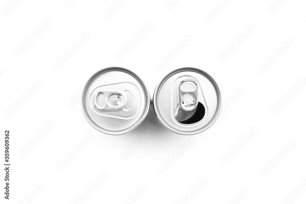 Flat lay of Two aluminum can opened on white background Flat lay of Two aluminum can opened on white background