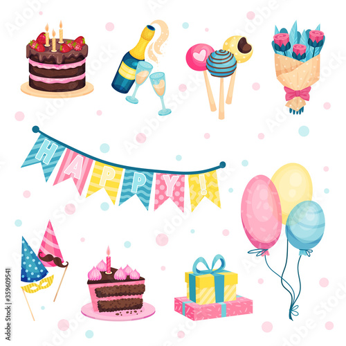 Birthday Party Attributes and Symbols with Cake and Flag Garland Vector Set