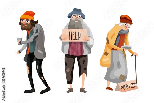 Panhandler set. Homeless panhandler people set asking for help and food standing with signboard isolated on white background. Social problem and request vector illustration