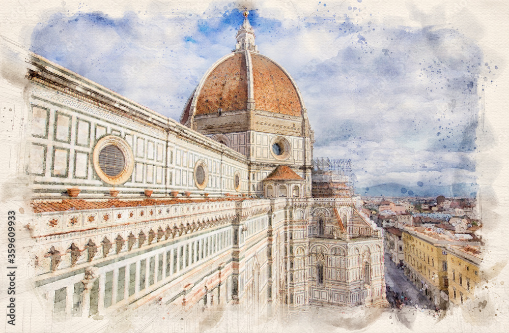 Florence, Italy. Cathedral Santa Maria del Fiore. Duomo of Firenze. Watercolor illustration