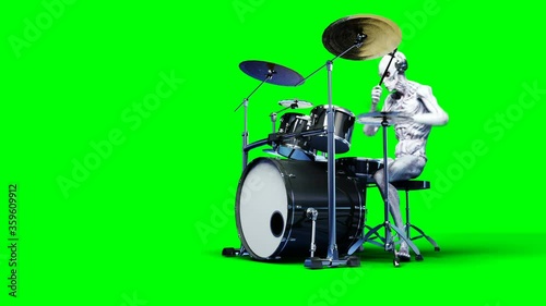 Funny alien plays on drums. Realistic motion and skin shaders. 4K green screen footage. photo