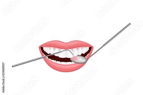 Open Mouth with Dental Tools Isolated on White Background Vector Illustration