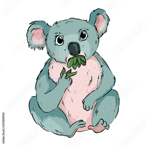 Koala eating eucalyptus cartoon doodle. Cute koala animal chewing leaves comic style drawing for children. Vector stock image