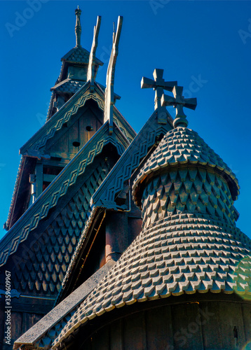 Canvas Print Toit de stavkirke à Oslo, Norvège (détail)