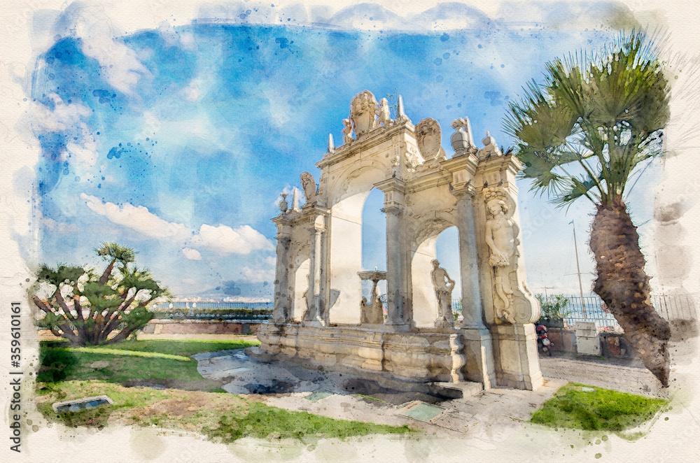 Obraz premium Fontana del Gigante o dell'Immacolatella (Fountain of the Giant) in Naples. Campania, Italy. Napoli. Watercolor style illustration