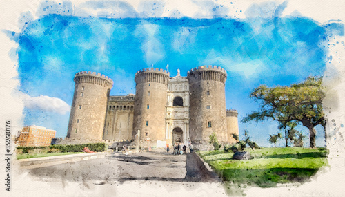 Castel Nuovo, Napoli (The New Castle, Naples), Italy. Watercolor style illustration